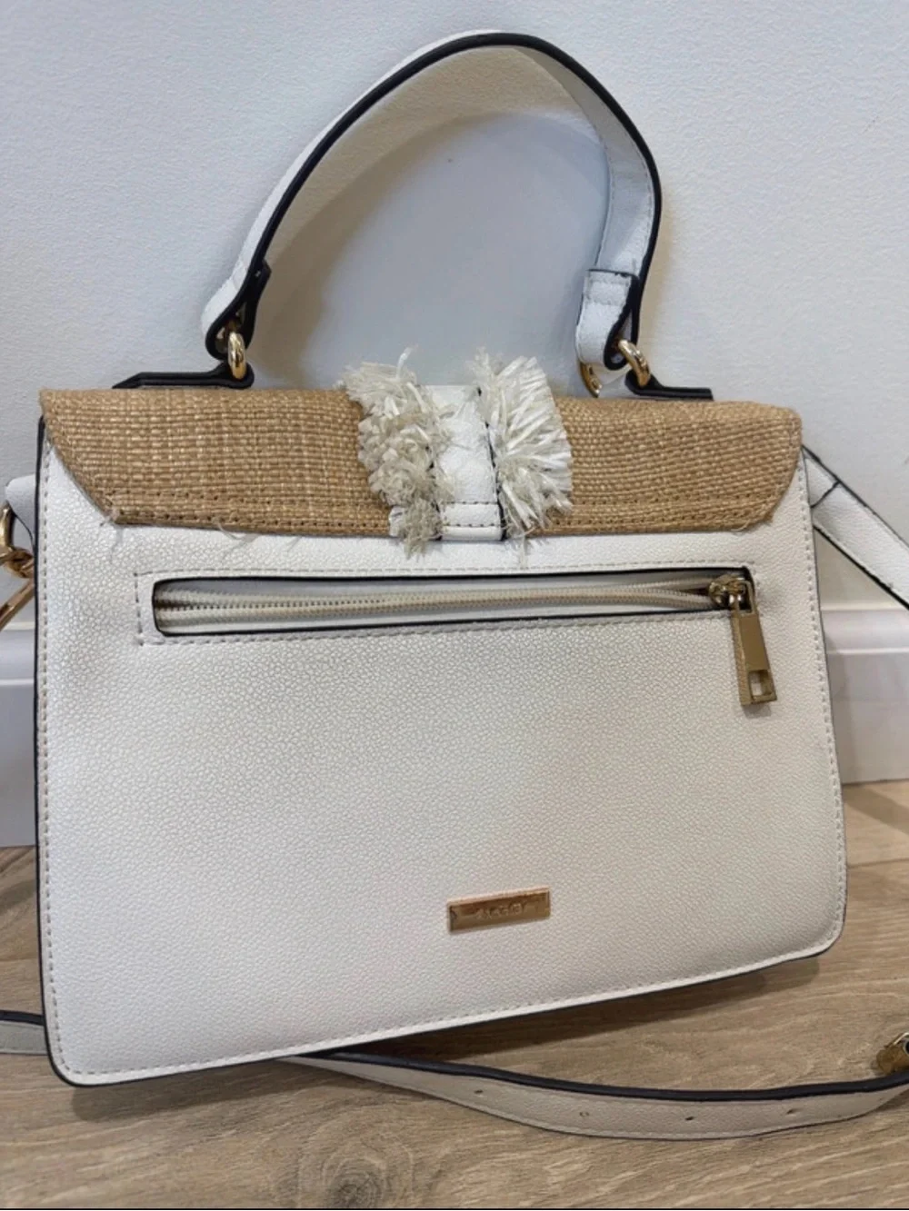 Aldo Natural Straw Hobo with White Trim and Gold Hardware